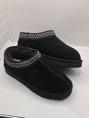 UGG Black Suede Shearling Clog Mules with Trim